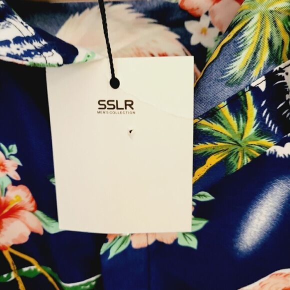 NWT SSLR Men's Hawaiian Shirt Aloha Flamingos Palms Tropical Blue Pink Size L - Picture 3 of 6